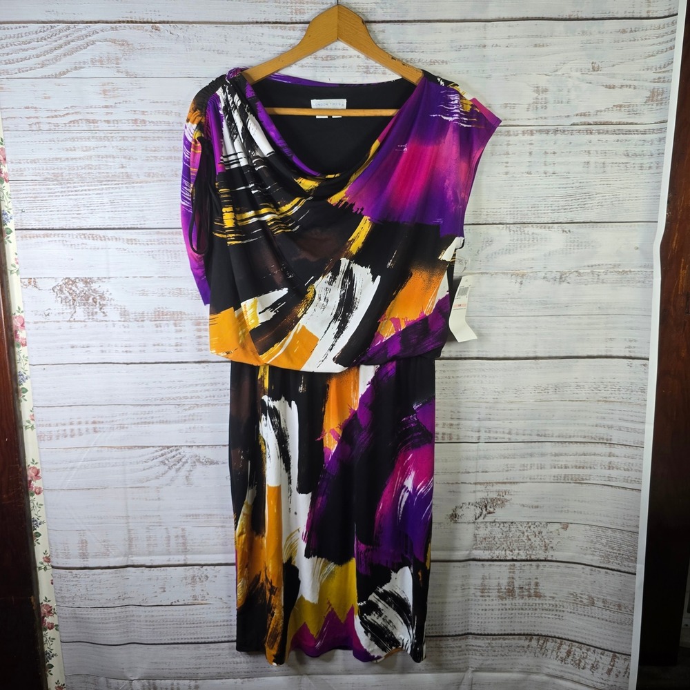 London Times Abstract Print Drape Neck Sheath Dress Size 10 Purple Black NWT